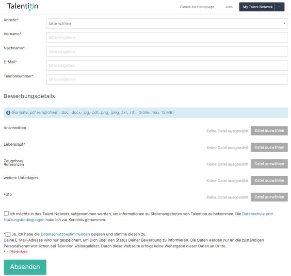 Bewerbungsformular Talention