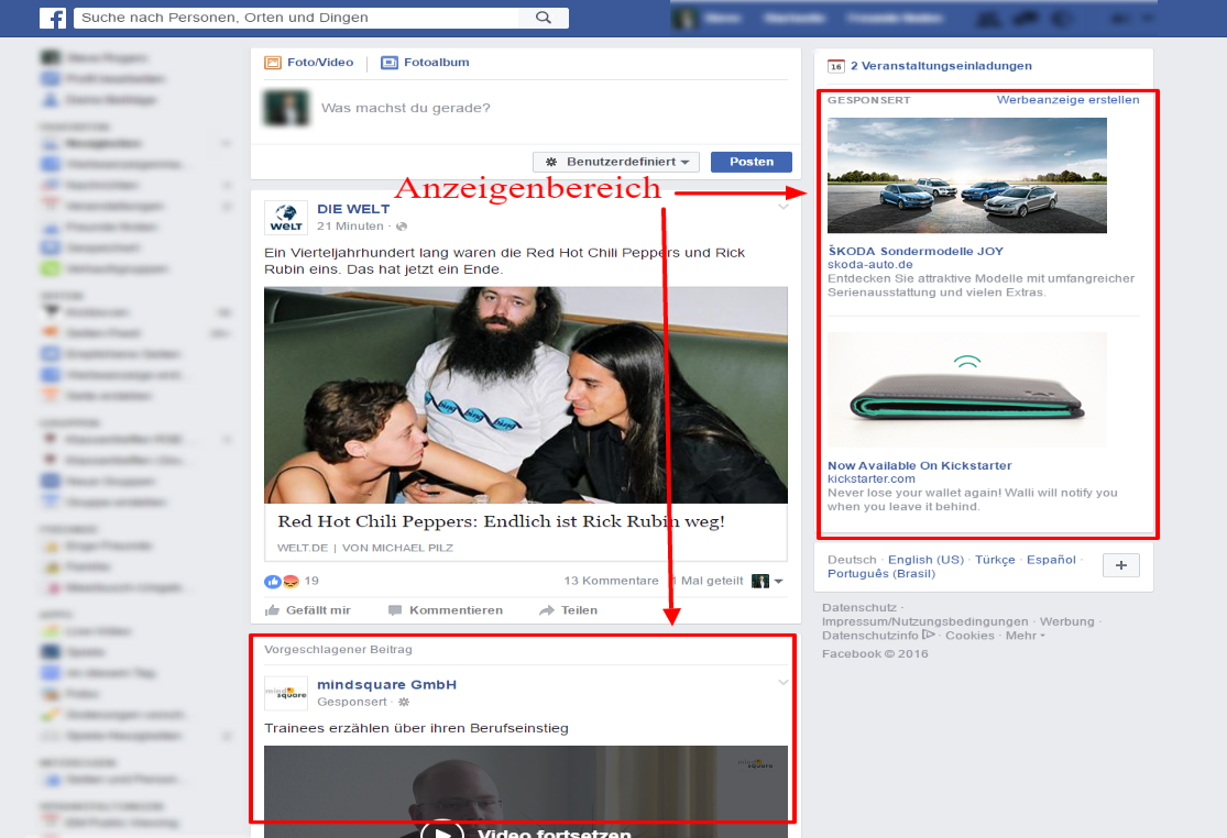Abbildung: Screenshot des Facebook Anzeigenbereichs