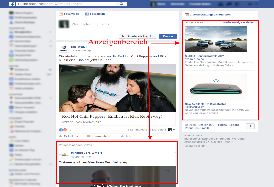 Abbildung: Screenshot des Facebook Anzeigenbereichs Abbildung: Screenshot des Facebook Anzeigenbereichs