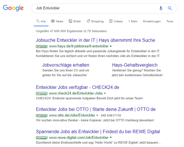 Anzeigen auf Google zum Suchbegriff "Job Entwickler"