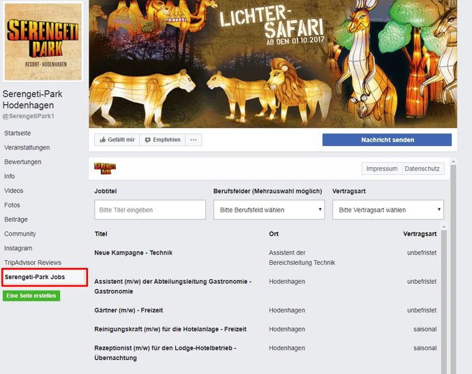 Facebook Jobbörse Serengeti Park Kundenbeispiel