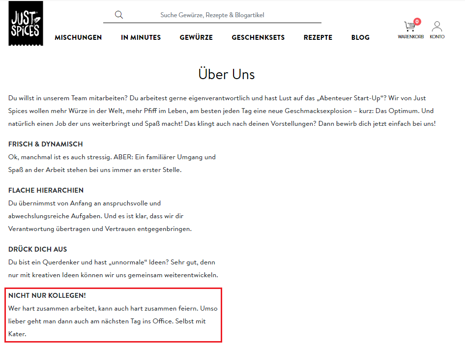 Mitarbeitervorteile auf der Karriereseite von Just Spices
