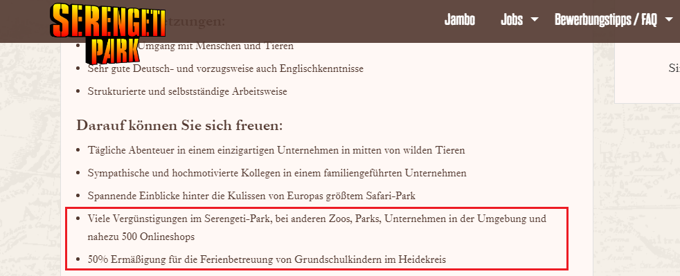 Mitarbeitervorteile auf einer Stellenanzeige des Seregeti Parks